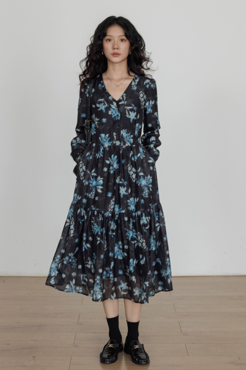 V-Neck Linen Print Elegant Dress