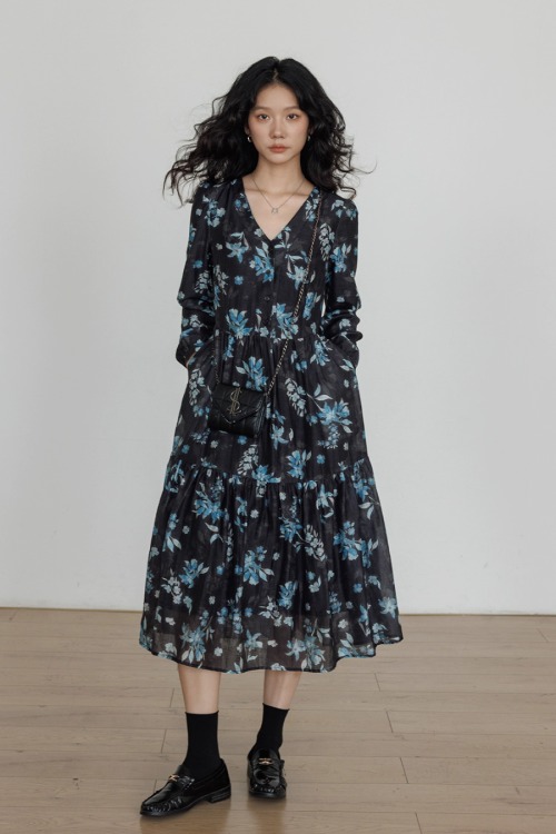 V-Neck Linen Print Elegant Dress