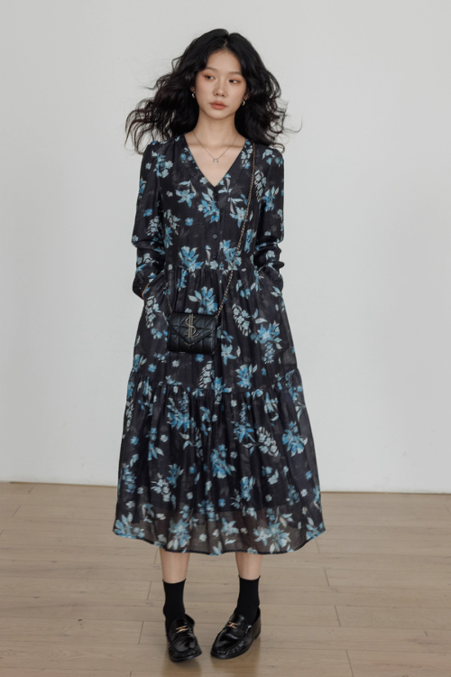 V-Neck Linen Print Elegant Dress