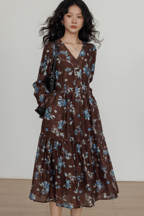 V-Neck Linen Print Elegant Dress