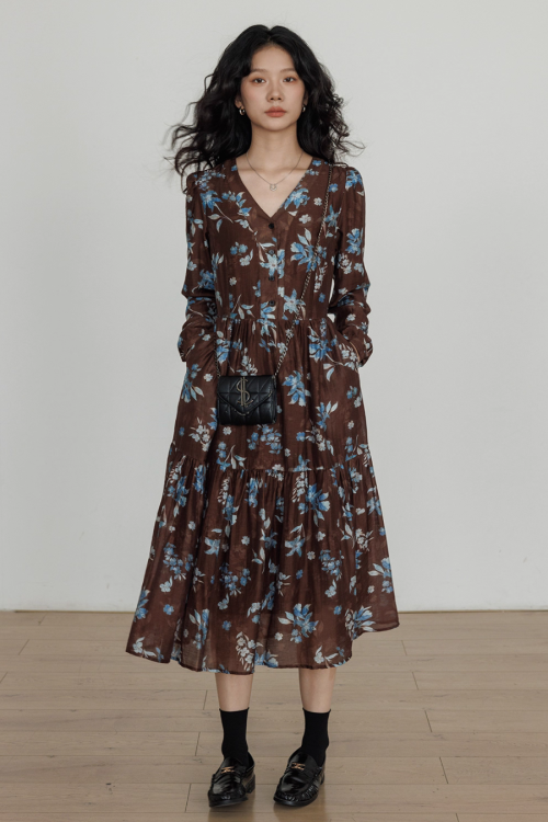 V-Neck Linen Print Elegant Dress