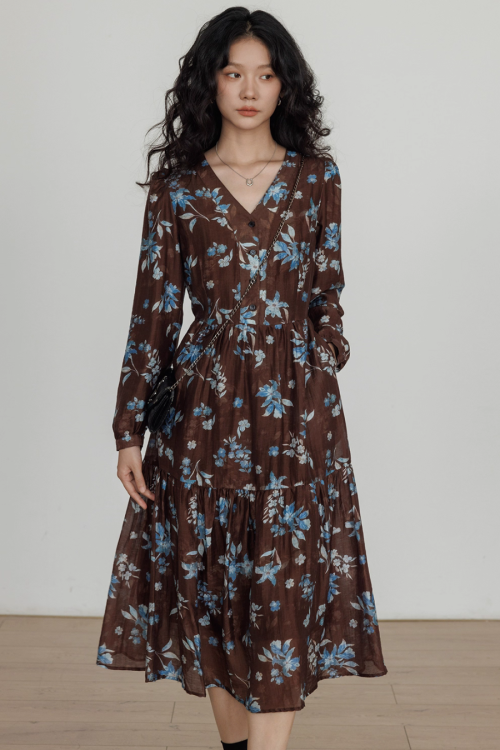 V-Neck Linen Print Elegant Dress