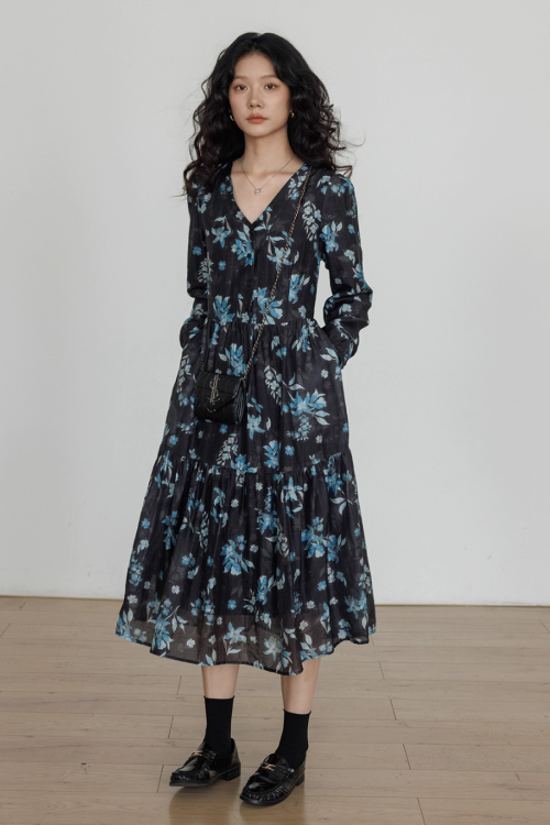 V-Neck Linen Print Elegant Dress