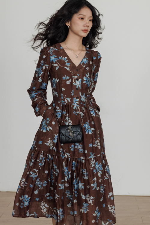 V-Neck Linen Print Elegant Dress