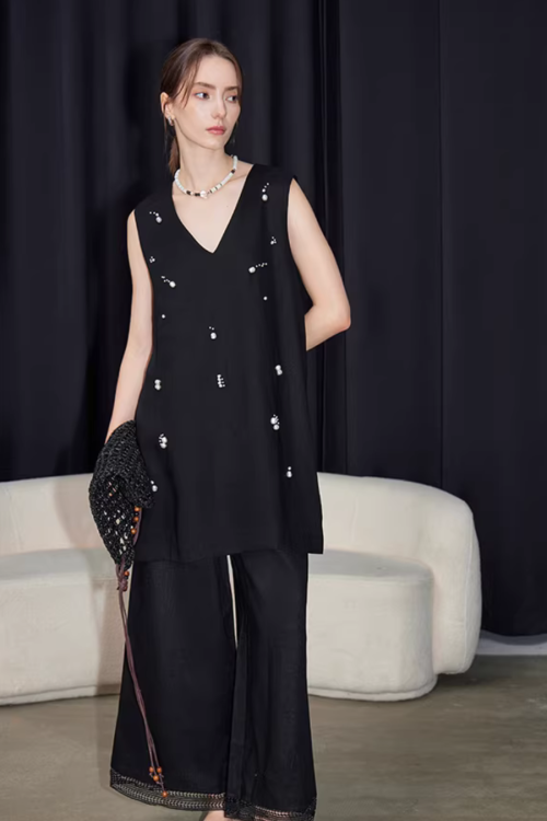 V-Neck Linen Sleeveless / Straight Linen Wide Pants