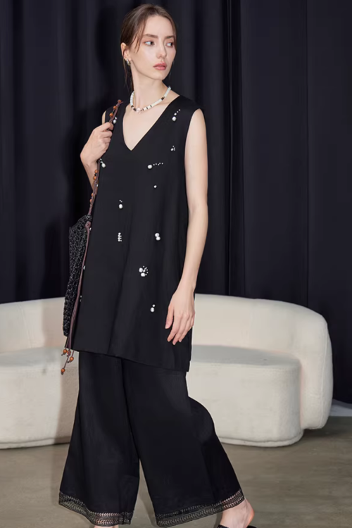 V-Neck Linen Sleeveless / Straight Linen Wide Pants