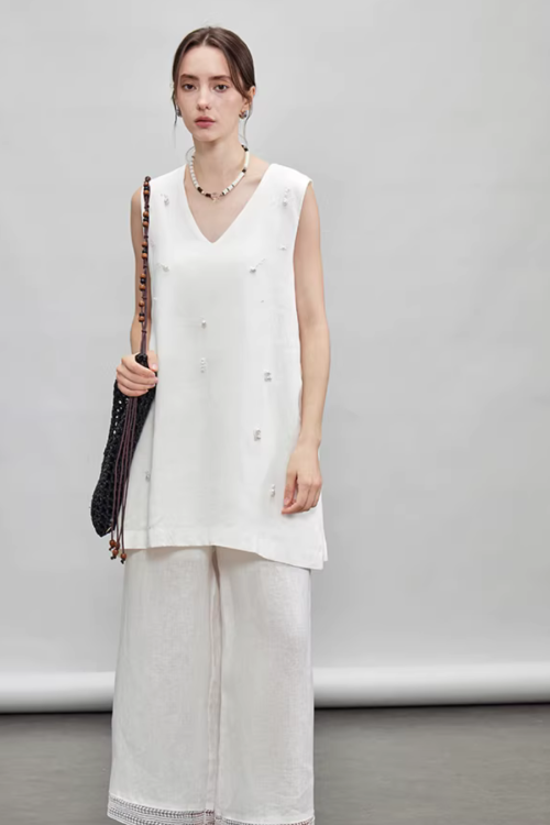 V-Neck Linen Sleeveless / Straight Linen Wide Pants
