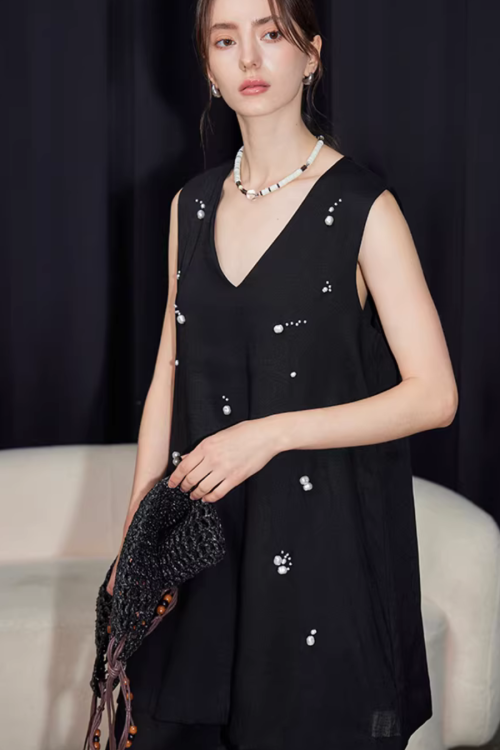 V-Neck Linen Sleeveless / Straight Linen Wide Pants