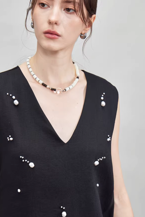 V-Neck Linen Sleeveless / Straight Linen Wide Pants