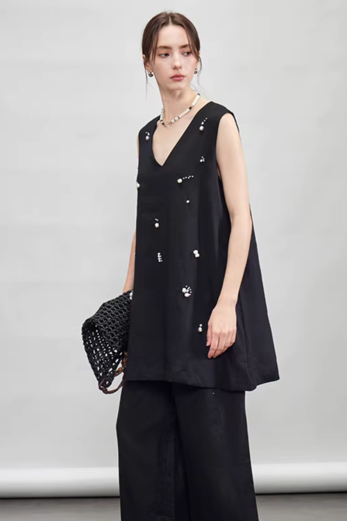 V-Neck Linen Sleeveless / Straight Linen Wide Pants