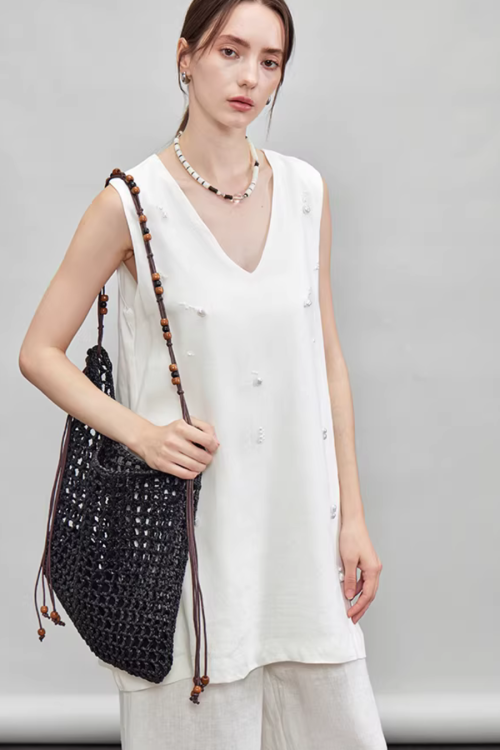 V-Neck Linen Sleeveless / Straight Linen Wide Pants