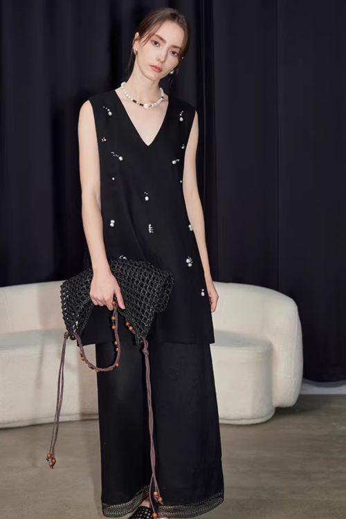 V-Neck Linen Sleeveless / Straight Linen Wide Pants