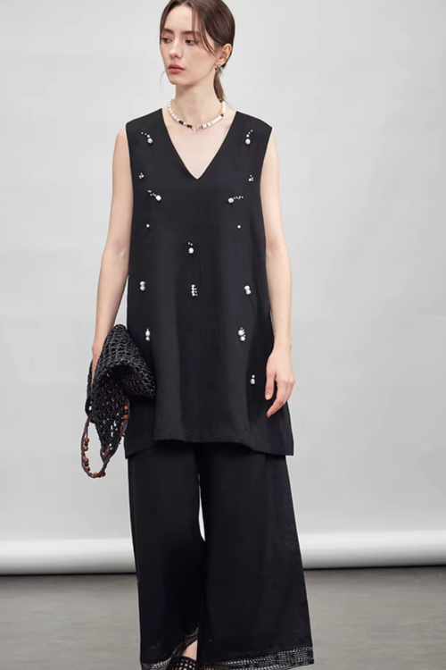 V-Neck Linen Sleeveless / Straight Linen Wide Pants