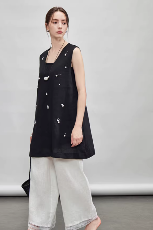 V-Neck Linen Sleeveless / Straight Linen Wide Pants