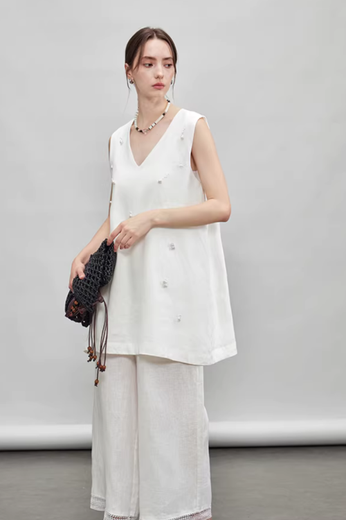 V-Neck Linen Sleeveless / Straight Linen Wide Pants