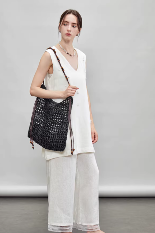 V-Neck Linen Sleeveless / Straight Linen Wide Pants