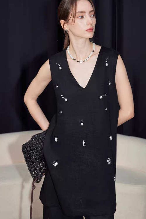 V-Neck Linen Sleeveless / Straight Linen Wide Pants