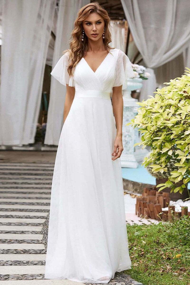 V Neck Mesh Elegant Ruffle Long Reception Dress