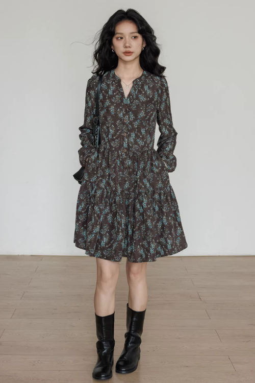 V-Neck Printed Waist Dress