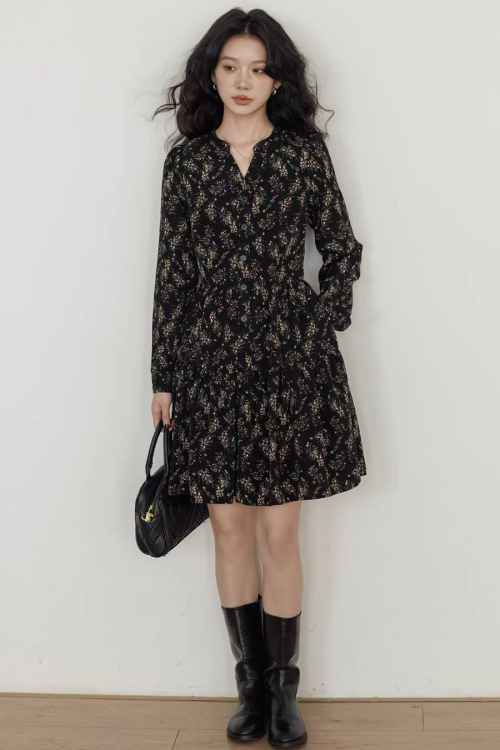 V-Neck Printed Waist Dress