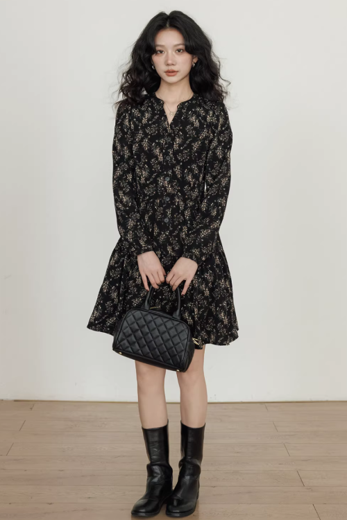 V-Neck Printed Waist Dress