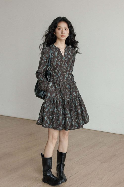 V-Neck Printed Waist Dress