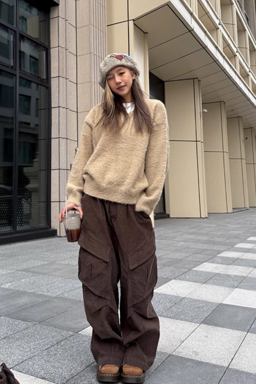 V-Neck Shaggy Knit Top