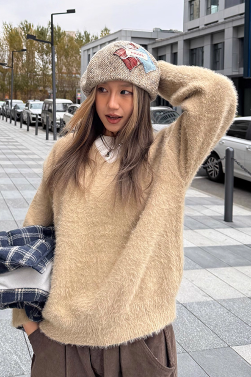 V-Neck Shaggy Knit Top