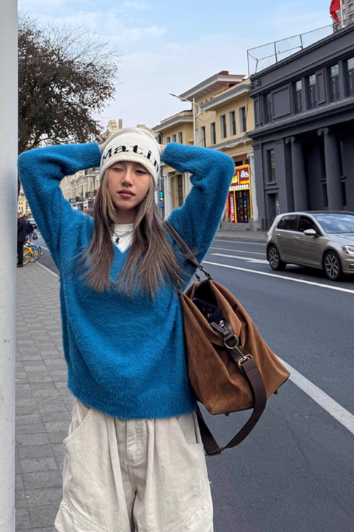 V-Neck Shaggy Knit Top