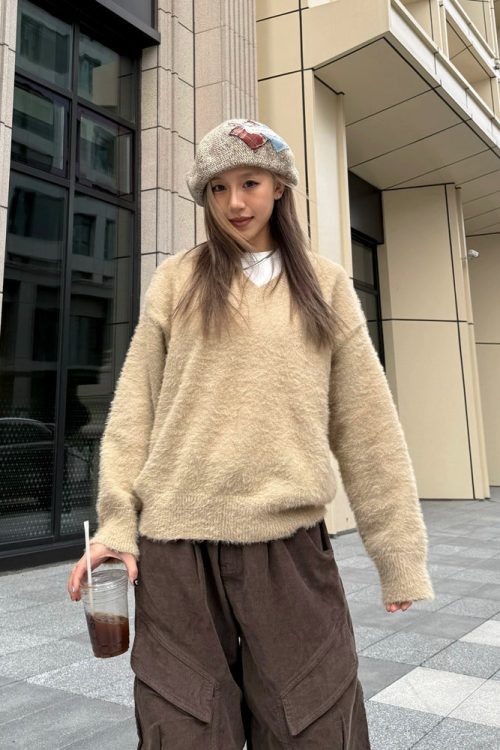 V-Neck Shaggy Knit Top