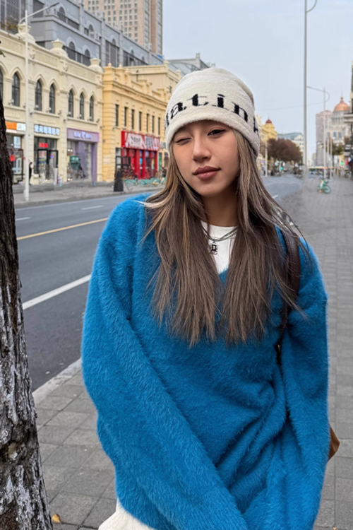 V-Neck Shaggy Knit Top