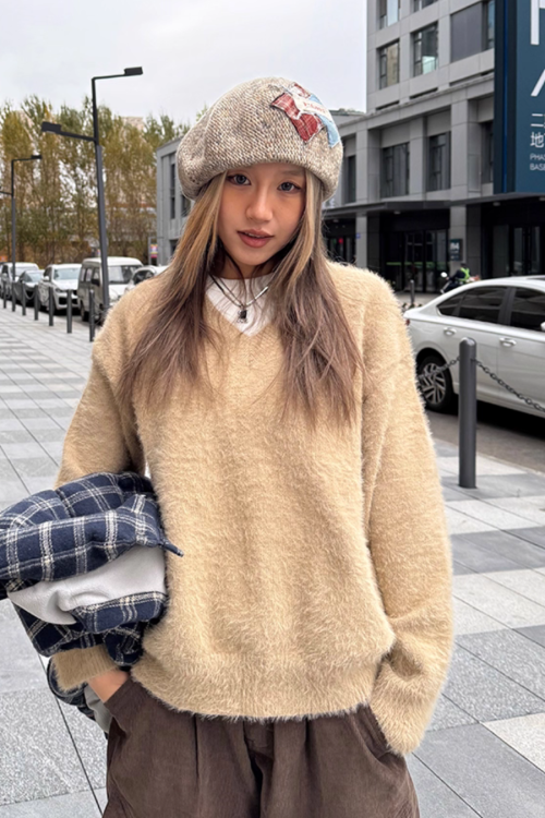 V-Neck Shaggy Knit Top