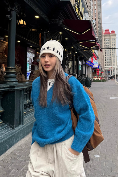 V-Neck Shaggy Knit Top