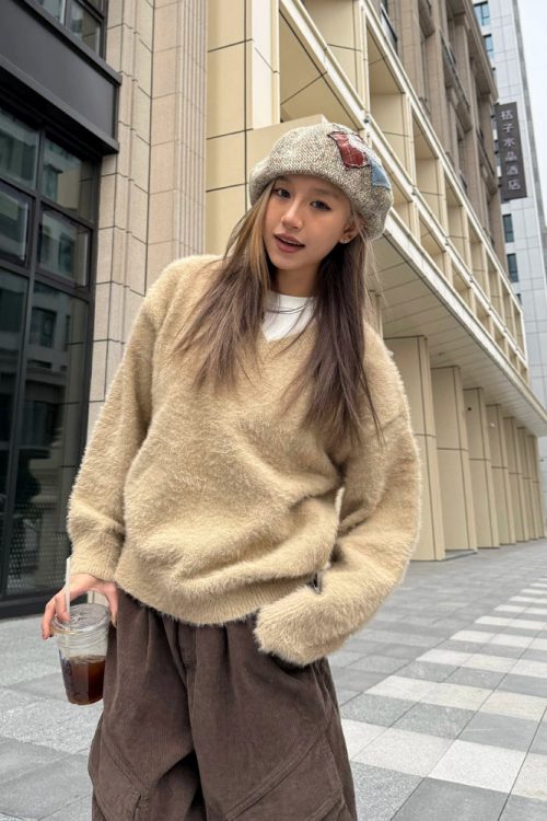 V-Neck Shaggy Knit Top