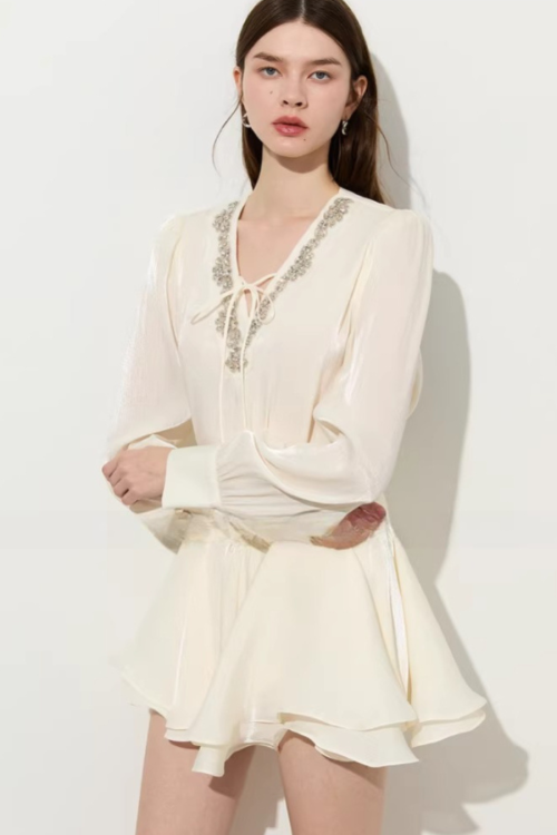 V-Neck Sparkly Sheer Top / Flared Mini Skirt