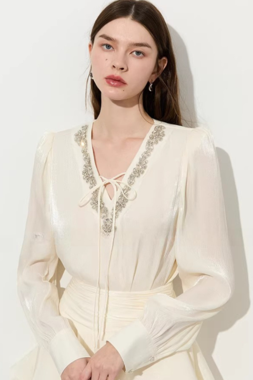 V-Neck Sparkly Sheer Top / Flared Mini Skirt