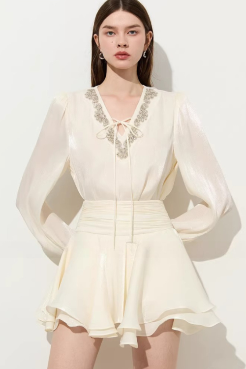 V-Neck Sparkly Sheer Top / Flared Mini Skirt