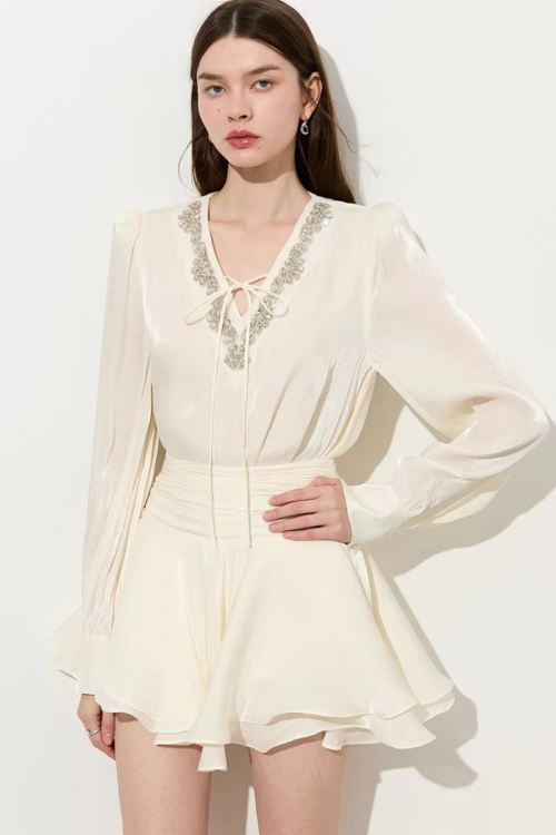 V-Neck Sparkly Sheer Top / Flared Mini Skirt