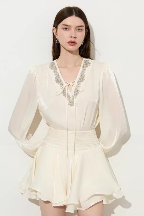 V-Neck Sparkly Sheer Top / Flared Mini Skirt