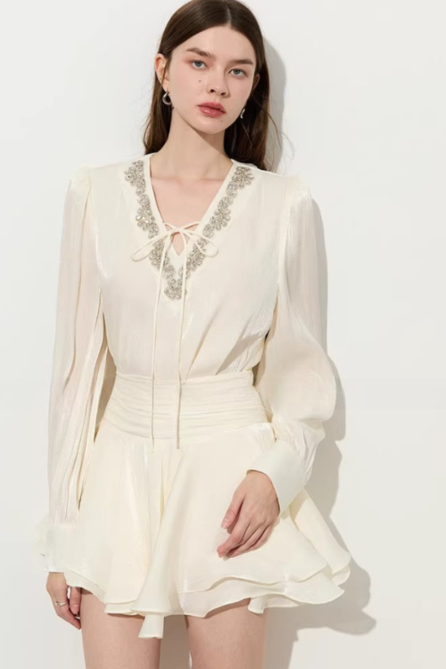V-Neck Sparkly Sheer Top / Flared Mini Skirt