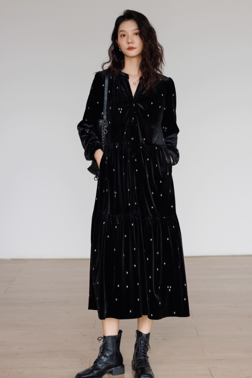 V-Neck Velour Elegant Dress