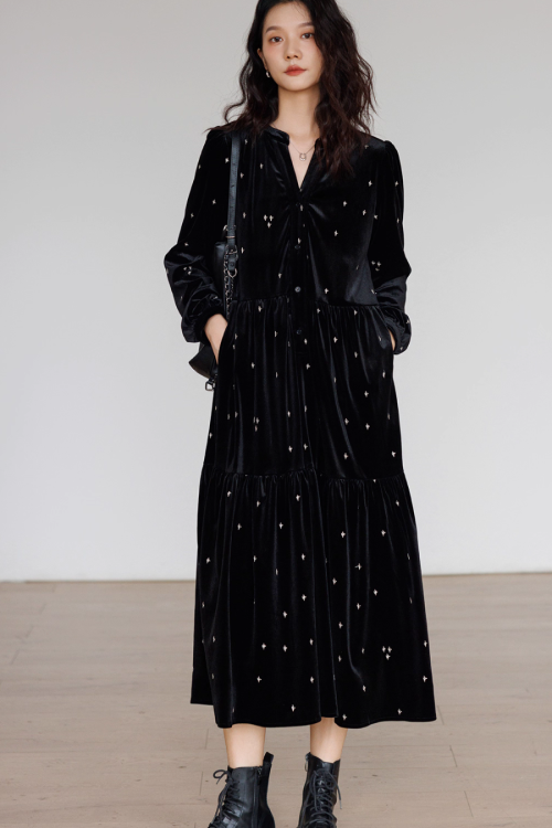 V-Neck Velour Elegant Dress