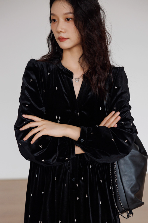 V-Neck Velour Elegant Dress