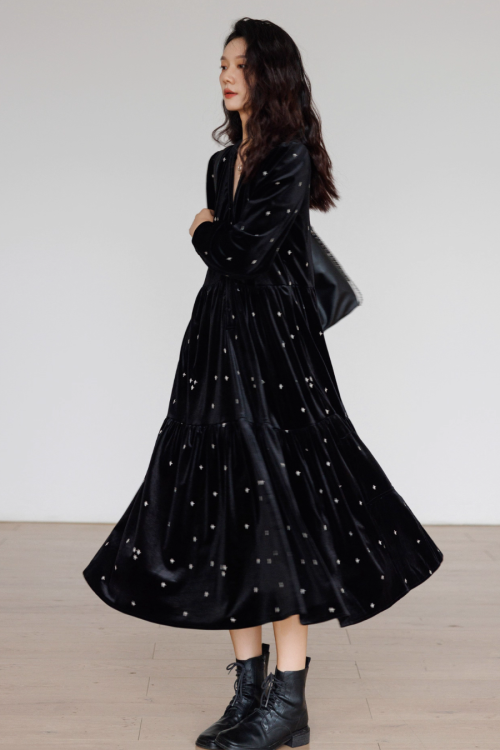 V-Neck Velour Elegant Dress