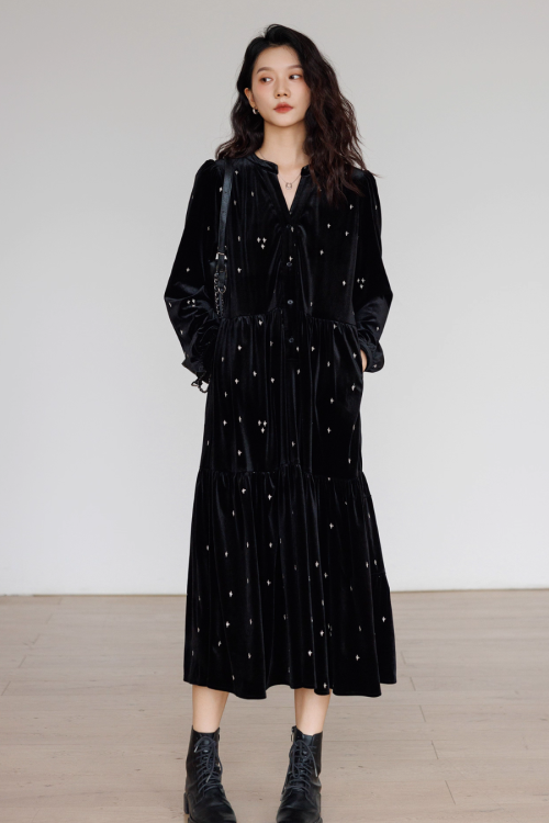 V-Neck Velour Elegant Dress