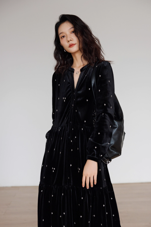 V-Neck Velour Elegant Dress