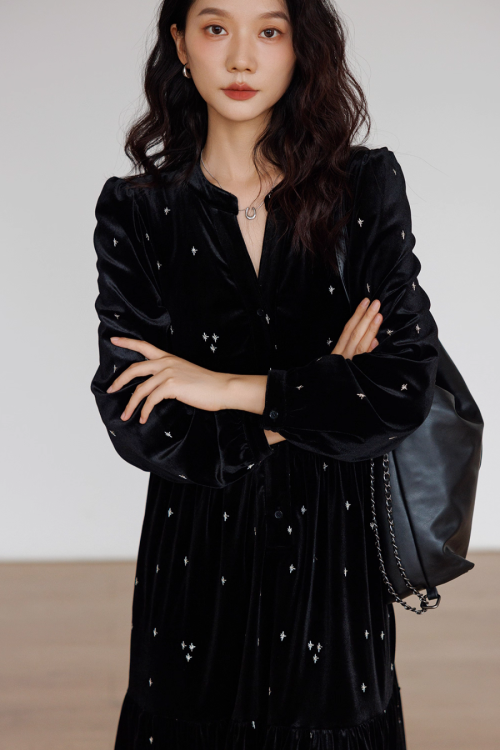 V-Neck Velour Elegant Dress