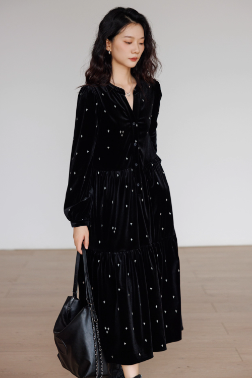 V-Neck Velour Elegant Dress