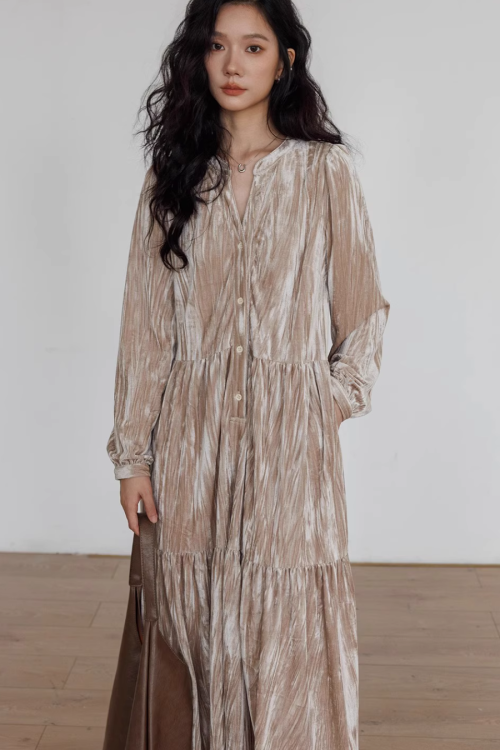 V-Neck Velvet Long Dress