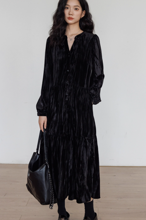 V-Neck Velvet Long Dress